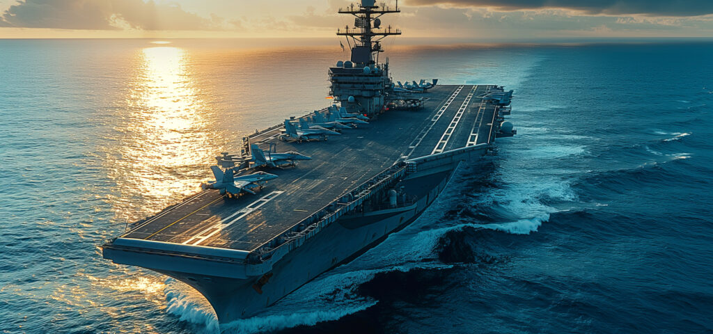 Military ship aircraft carrier in ocean
